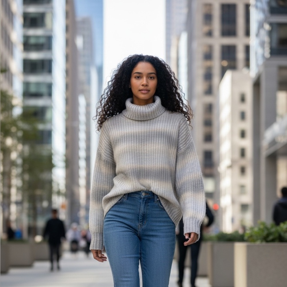 GAP Cosy Gray Striped Neutral Ombre Turtleneck Sweater